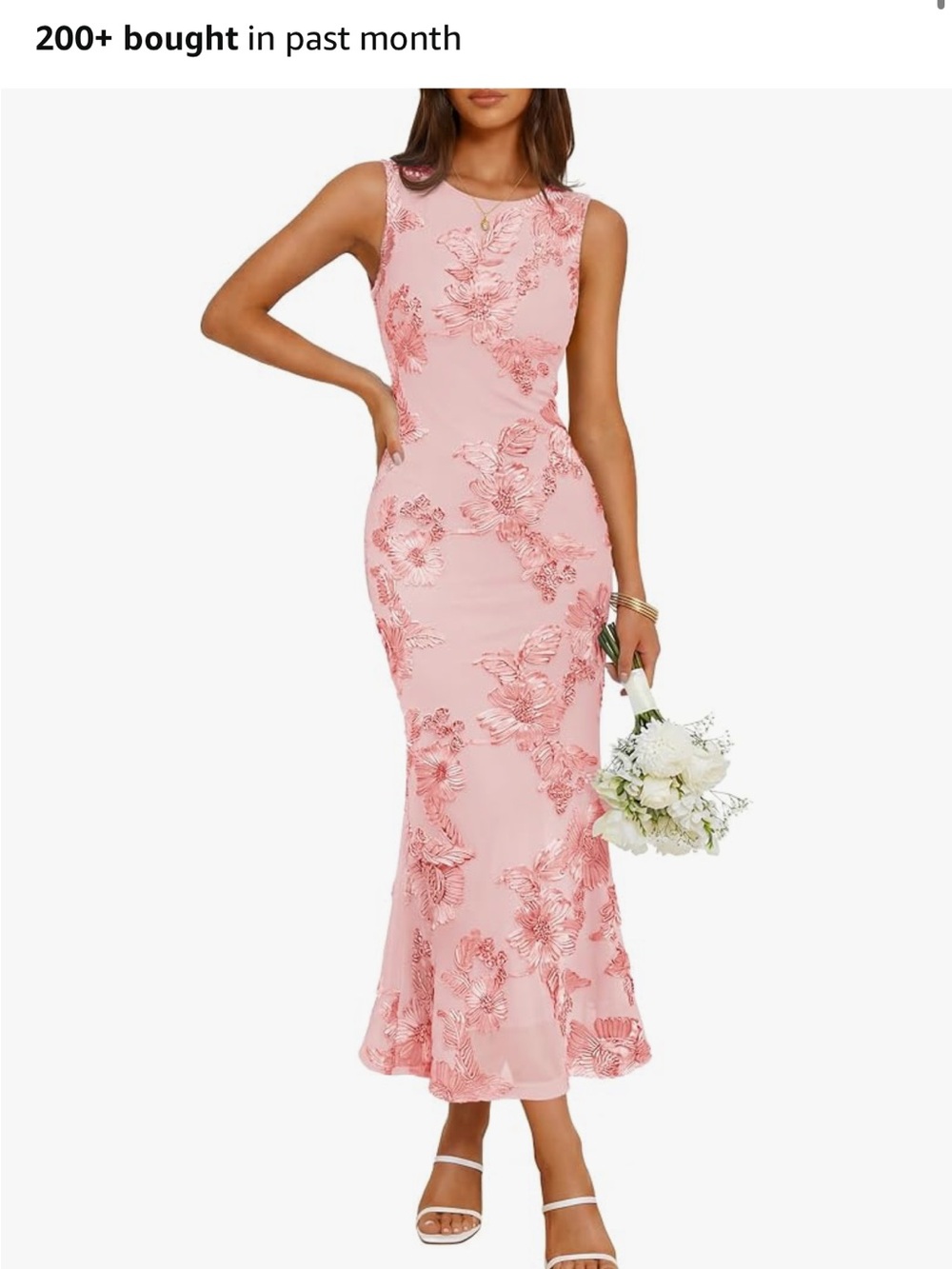 Floral Embroidered Pink Maxi Dress with Mermaid Hem